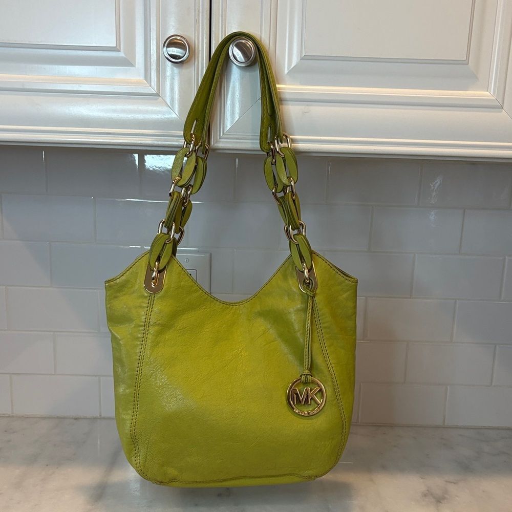 Michael Kors Bag Purse Handbag Leather Lillie Chartreuse Chainlink Hobo Shoulder